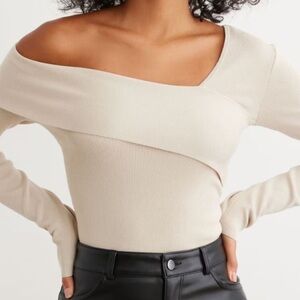 Asymmetrical Off-Shoulder Beige Knit Top